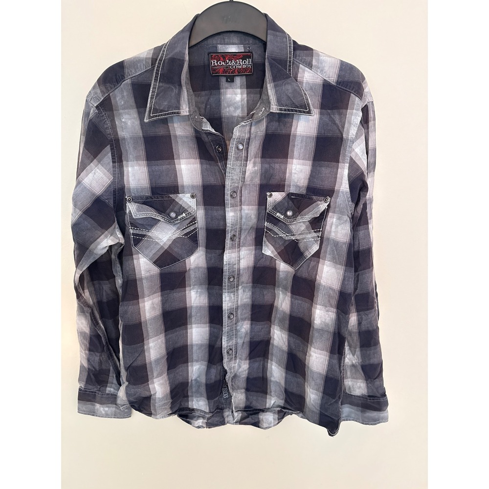 Rock and Roll Cowboy Mens Black Grey Plaid Pearl Snap Western Shirt Large L